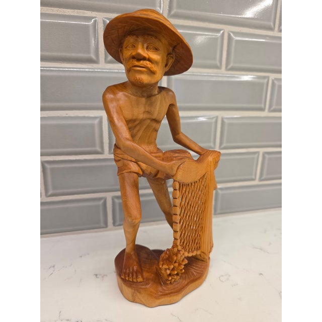 Gold Mid-Century Balinese Art Deco Seated Fisherman With Cast Net Sculpture For Sale - Image 8 of 12