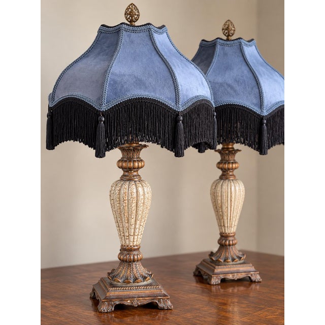 Art Nouveau Late 20th Century Neoclassical Cream Crackle Urn Lamps With Muted Blue Velvet Fringe Shades - Pair For Sale - Image 3 of 8