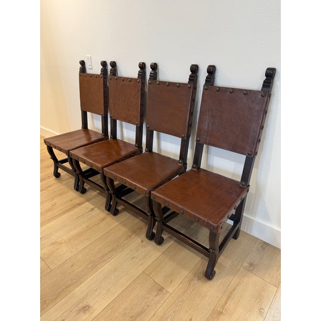 South Cone Vintage South Cone Trading Co. Spanish Colonial Peruvian Leather Dining Chairs- Set of 4 For Sale - Image 4 of 14