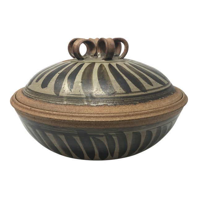 MidCentury Stoneware Pottery Vessel Bowl With Ornate Lid