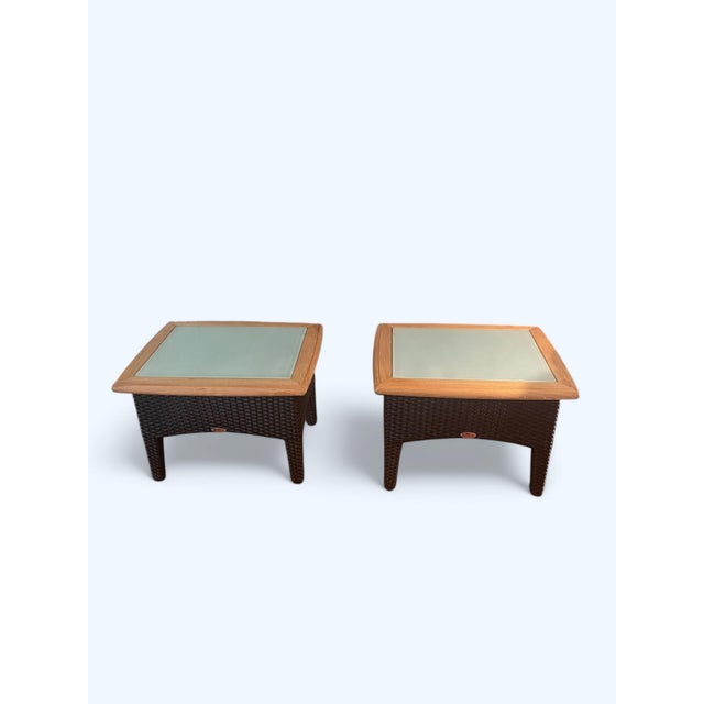 Set of 2 gloster wicker, teak and frosted glass side tables. Indoor and outdoor.