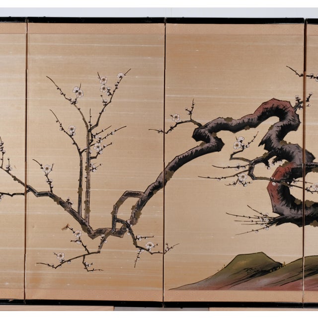 1950s Mid-20th Century Byobu Japanese Hand Painted Silk "Ancient Tree in Winter" 4-Panel Folding Screen Very Good + Front & Good + Back For Sale - Image 5 of 11