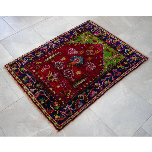 Vintage Hand-Knotted Turkish Rug Prayer Rug Ultra Soft Wool Rug Wall Decor Religious Tapestry 3x4 Ft Approx For Sale - Image 4 of 15