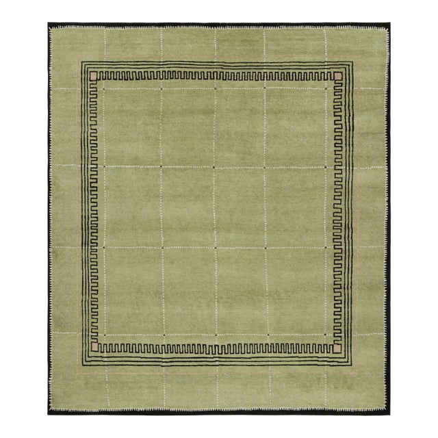 Rug & Kilim’s Art Deco Style Rug in Green With Black Geometric Patterns For Sale