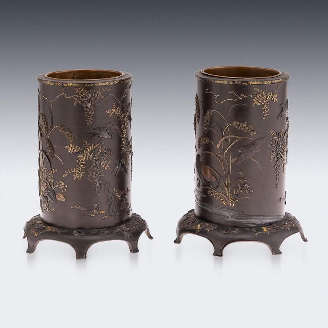 Antique Japanese Meiji Inlaid Bronze Cylindrical Brush Pots, 19th Century, Set of 2 For Sale - Image 4 of 18
