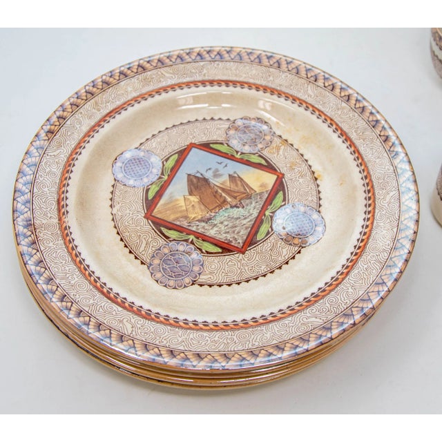 Polychrome Aesthetic Transferware Plates and cups "Wisconsin" pattern by Brownfield circa 1880. Brownfield gives us an...