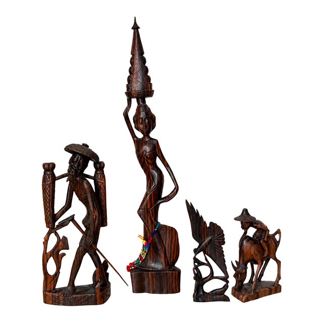 Vintage Balinese-Style Carved Wood Figurative and Bird Sculptures — Set of 4 For Sale