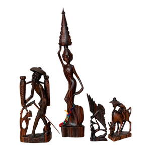 Vintage Balinese-Style Carved Wood Figurative and Bird Sculptures — Set of 4