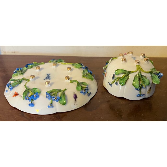Antique Meissen Porcelain Tea Cup and Saucer With Applied Flowers and Hand Painted Insects For Sale - Image 13 of 15