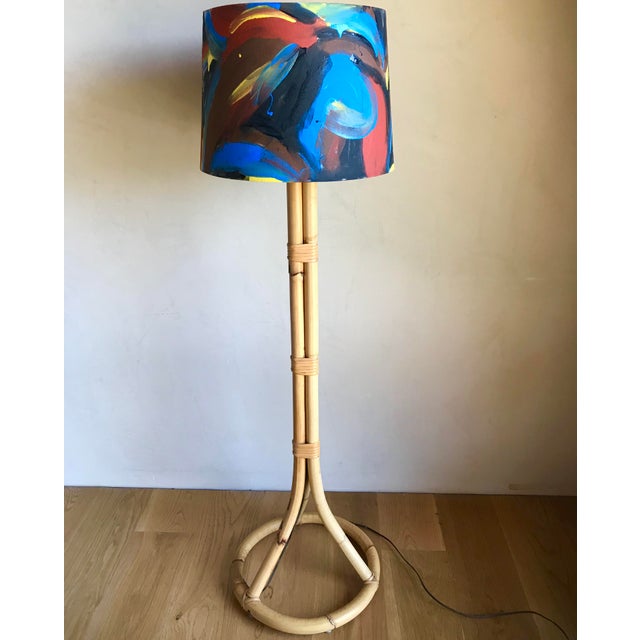 French Mid Century Bamboo Rattan Floor Lamp With Hand Painted