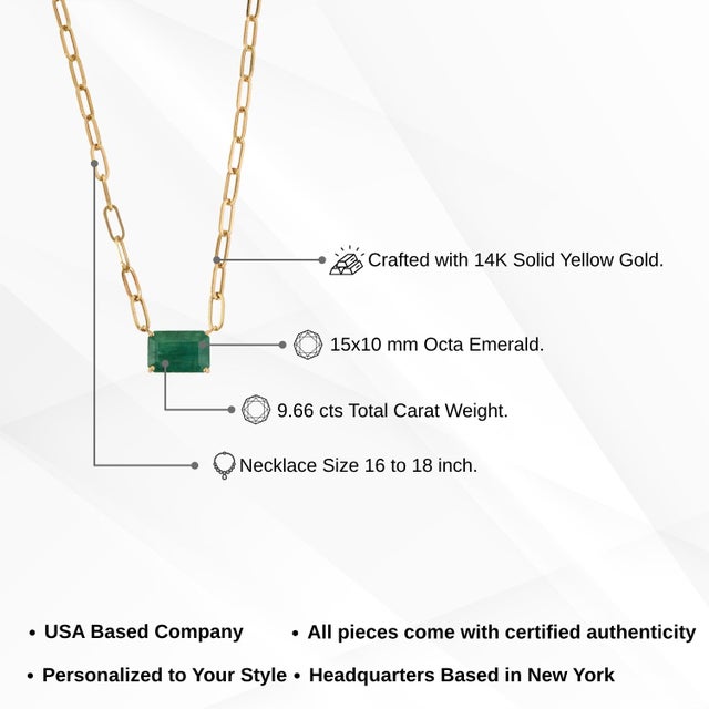 14k Yellow Gold 9.66ct East-West Emerald Paperclip Link Chain Solitaire Necklace For Sale - Image 13 of 18