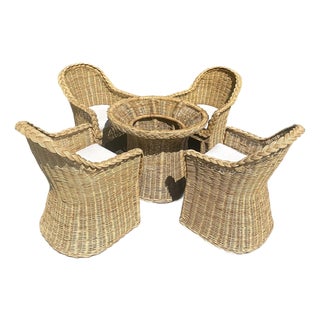 Vintage Woven Rattan Wicker Dining Set, Coastal Style With Braided Trim After Bielecky Brothers For Sale