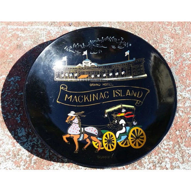 Vintage black resin coated bowl vividly hand-painted to depict the Grand Hotel Mackinac Island. Great piece for rustic or...
