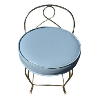 Vintage Mid-Century Hollywood Regency Brass Vanity Chair Stool - Pastel Blue Vinyl - George Koch Sons For Sale
