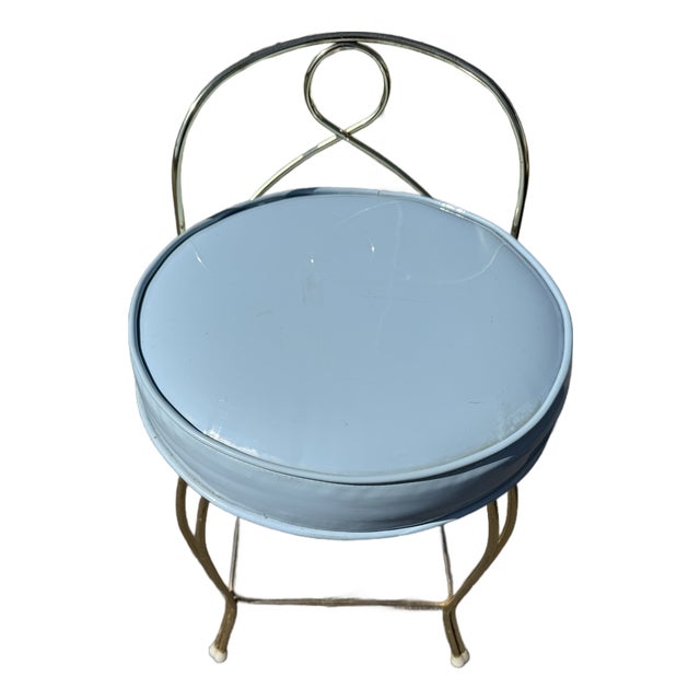 Vintage Mid-Century Hollywood Regency Brass Vanity Chair Stool - Pastel Blue Vinyl - George Koch Sons For Sale