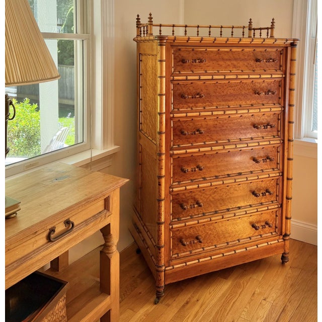 Antique Bird’s-Eye Maple Faux Bamboo Six Drawer Chest of Drawers For Sale - Image 18 of 18