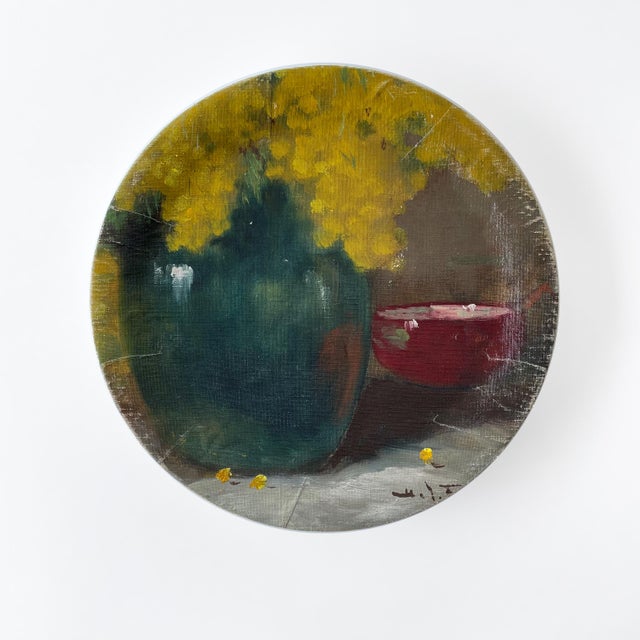 Yellow Contemporary Installation of Ceramic Plates and Oil on Canvas - "Mimosas in Green Vase" - Set of 8 For Sale - Image 8 of 12
