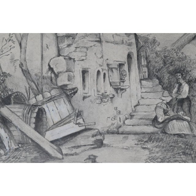 Charcoal Attributed to Jacques Moulinier (1753–1828) Charcoal Drawing — Figures Before a Half-Timbered House For Sale - Image 8 of 14
