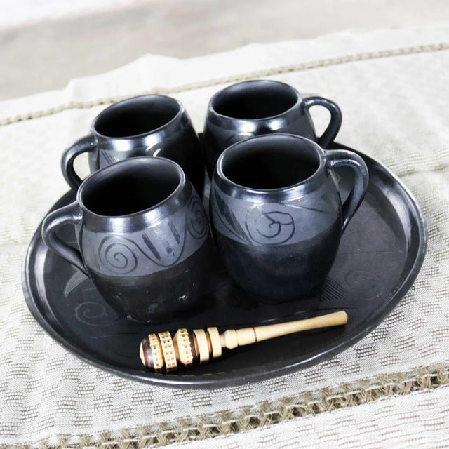Vintage Black Clay Barro Negro Pottery Hot Chocolate Set Oaxaca Mexico 4 Mugs and Fish Tray - 6 pcs For Sale - Image 4 of 13