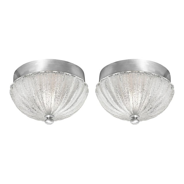 Pair of Mid Century Mottled & Fluted Murano Glass Flush Mount Chandeliers For Sale