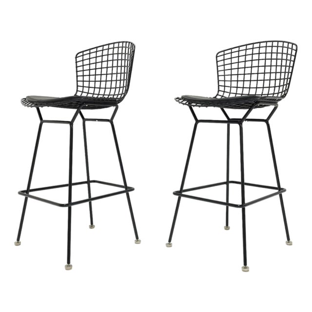 Pair of Bertoia Bar Height Stools in Black With Volo Leather Seat Pad For Sale