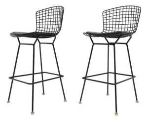 Pair of Bertoia Bar Height Stools in Black With Volo Leather Seat Pad
