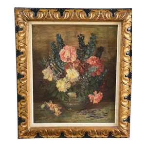 C. 1940 Signed Friedrich J. Schmidt Still Life Flowers in Vase Oil Painting