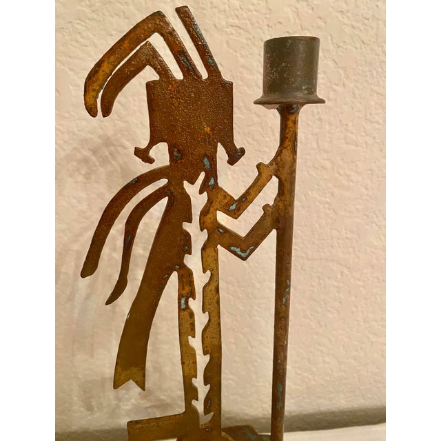 Brown Vintage Native American Tribal Deity Figure Kokopelli Signed Sculptural Patina Metal Candle Holder For Sale - Image 8 of 14