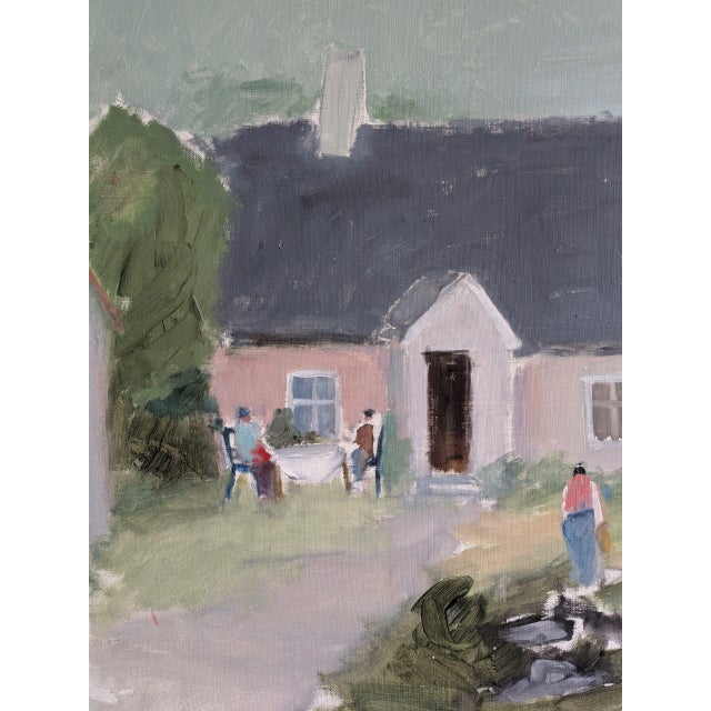 Mid-Century Modern 'Cottage Garden Gathering' Vintage Original Landscape Oil Painting, Framed For Sale - Image 9 of 10