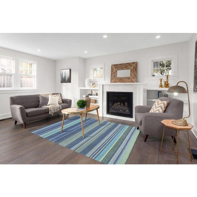 Contemporary 4x6 Blue Hand-Knotted Wool Striated Bands Geometric Modern Carpet Rug For Sale - Image 3 of 10