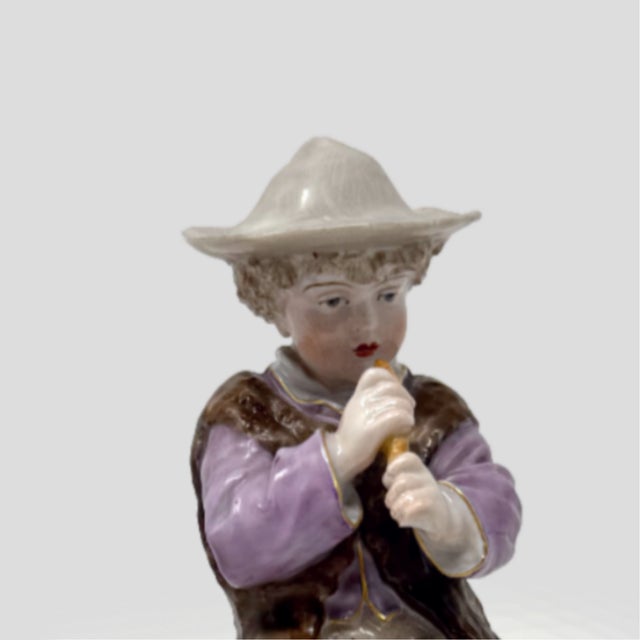 Traditional Sitzendorf German Porcelain Spill Vase Figurine – Boy Playing Flute on Fence For Sale - Image 3 of 8