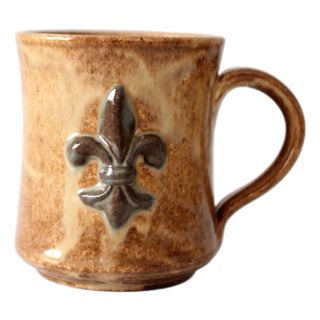 Vintage Organic Modern Studio Pottery Mug With Fleur-Di-Lis For Sale
