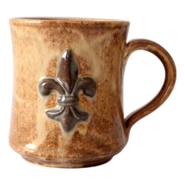 Vintage Organic Modern Studio Pottery Mug With Fleur-Di-Lis For Sale