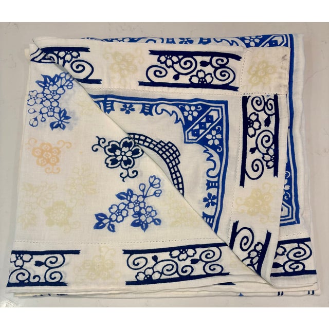 Vintage Blue and White Hand Blocked Chinoiserie Hemstitched Linen Table Cloth For Sale - Image 9 of 10