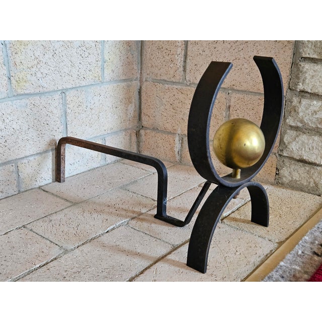 Donald Deskey 1960s MCM Donald Desky Iron and Brass Fireplace Andirons Set For Sale - Image 4 of 4