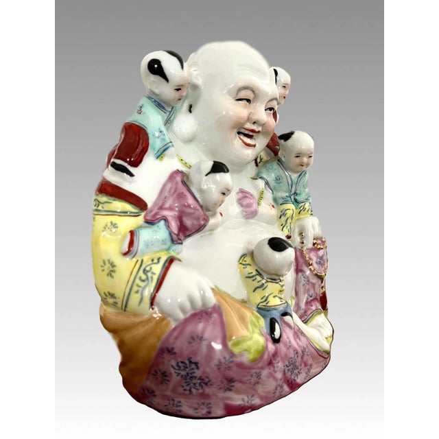 Mid 20th Century Vintage Porcelain Famille Jaune Chinese Laughing Buddha With Five Children & Long Life For Sale - Image 5 of 10