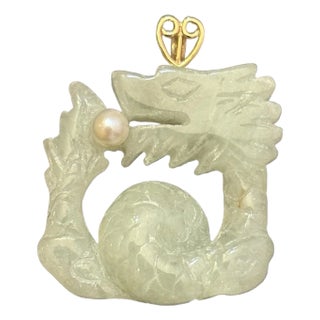 14k Gold Pendant of Carved Light Green Jade Dragon With Pearl For Sale