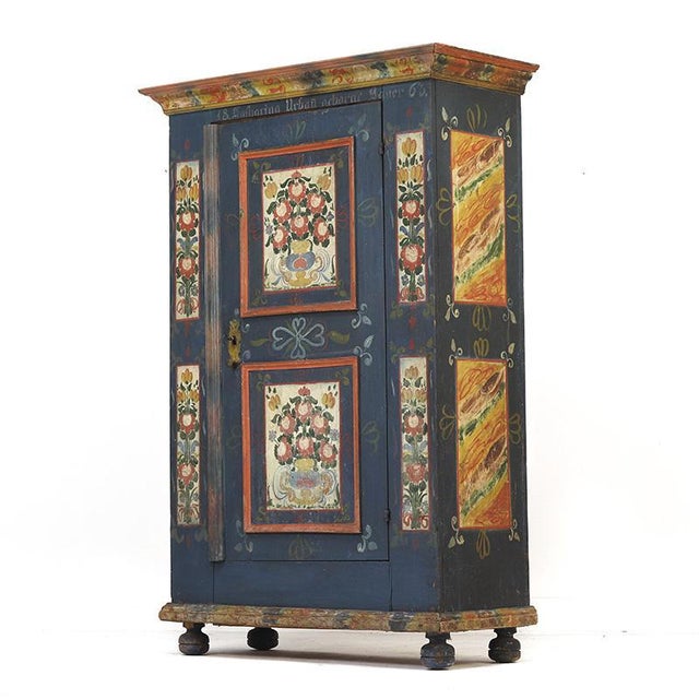 Blue Antique Rustic Farmhouse Painted Bridal Cabinet, 1863 For Sale - Image 8 of 16