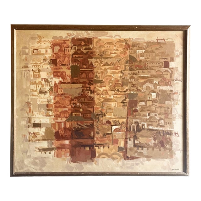 Mid 20th Century Abstract Textured Cityscape in Earth Tones -Signed Brodzinsky For Sale