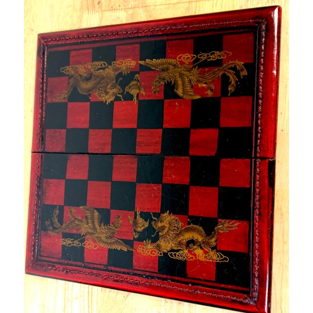 Plastic Exceptional Chinese Lacquered Travel Chess Set Lacquered Board & Court Figures For Sale - Image 7 of 18