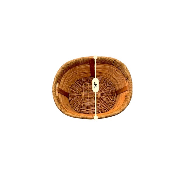 Vintage Woven Oval Pencil Reed Basket W/ Rattan Rim & Wooden Straps For Sale - Image 10 of 10