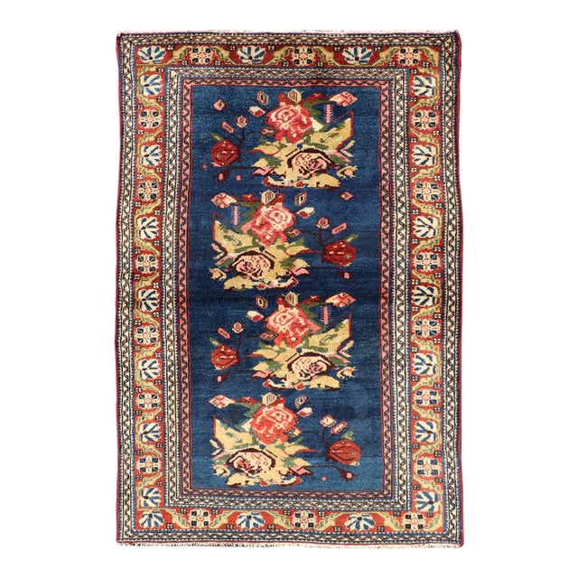 Antique Persian Malayer Rug With Deep Blue Field and Rosette Bouquets 3'3 X 5'0 For Sale