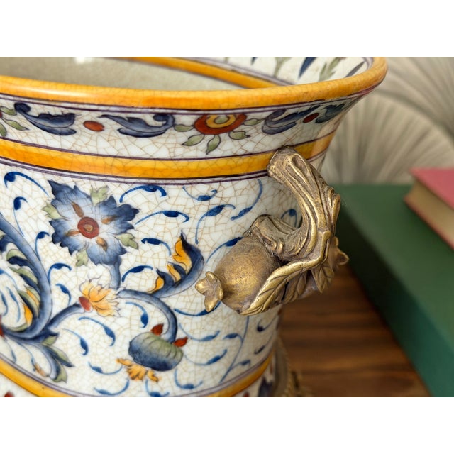 Gold Vintage Porcelain Crackle Glaze Floral Jardinière Brass Ormolu-Style Footed Cachepot Planter Vase For Sale - Image 8 of 17