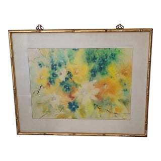 1975 Original v. Thomspon Wet on Wet Floral Water Color Still Life Painting in a Vintage 1970s Hollywood Regency Gold Bamboo Frame For Sale