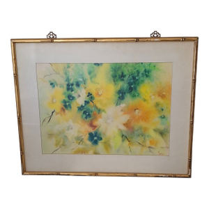 1975 Original v. Thomspon Wet on Wet Floral Water Color Still Life Painting in a Vintage 1970s Hollywood Regency Gold Bamboo Frame