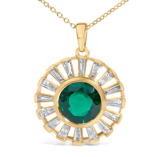 Contemporary 14K Yellow Gold Plated Sterling Silver Lab Grown Emerald and Baguette Diamond Sunburst Medallion Pendant Necklace For Sale - Image 3 of 4