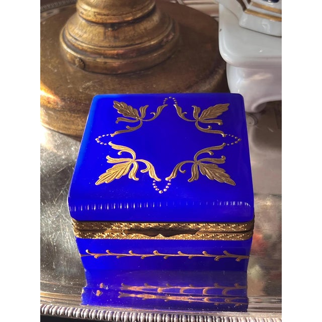 Mid-Century Modern 1960s Cobalt / Lapiz Italian Opaline Glass Casket With Gold Mounts and Beautiful Enamel Detail For Sale - Image 3 of 12