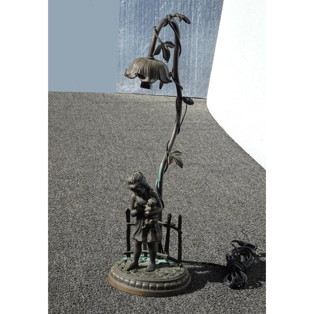 French Country Vintage French Country Cast Bronze Figural Table Lamp W a Child and Kitten For Sale - Image 3 of 14