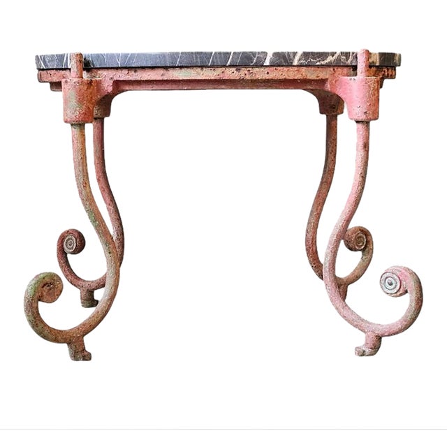 1880s American Cast Iron Side Table With Sahara Noir Marble Top For Sale