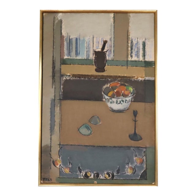 Mid-Century Modern 'Arrangement by the Window' Vintage Swedish Original Still Life Interior Oil Painting, Framed For Sale